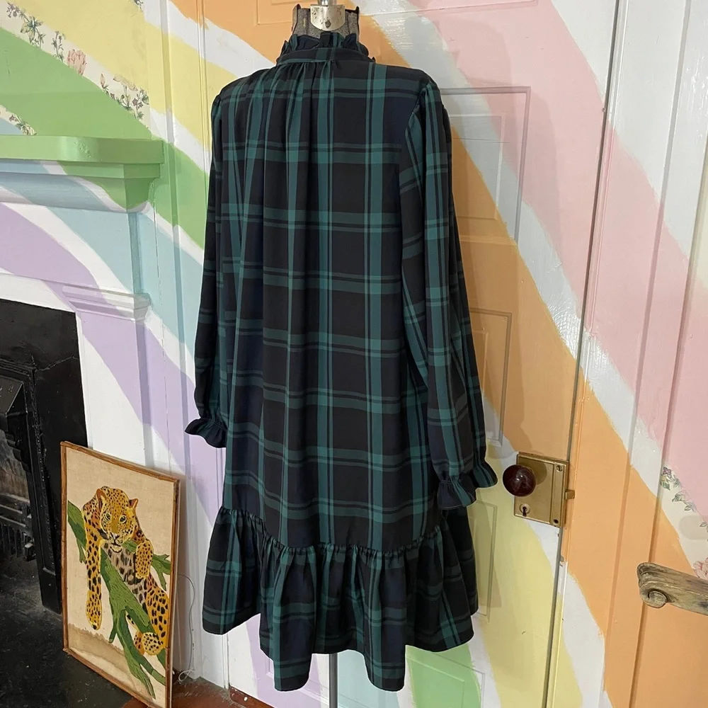 J. Crew Green Black Watch Tartan Plaid Ruffle Puff Sleeve Dress Sz 2X 🧡🎀